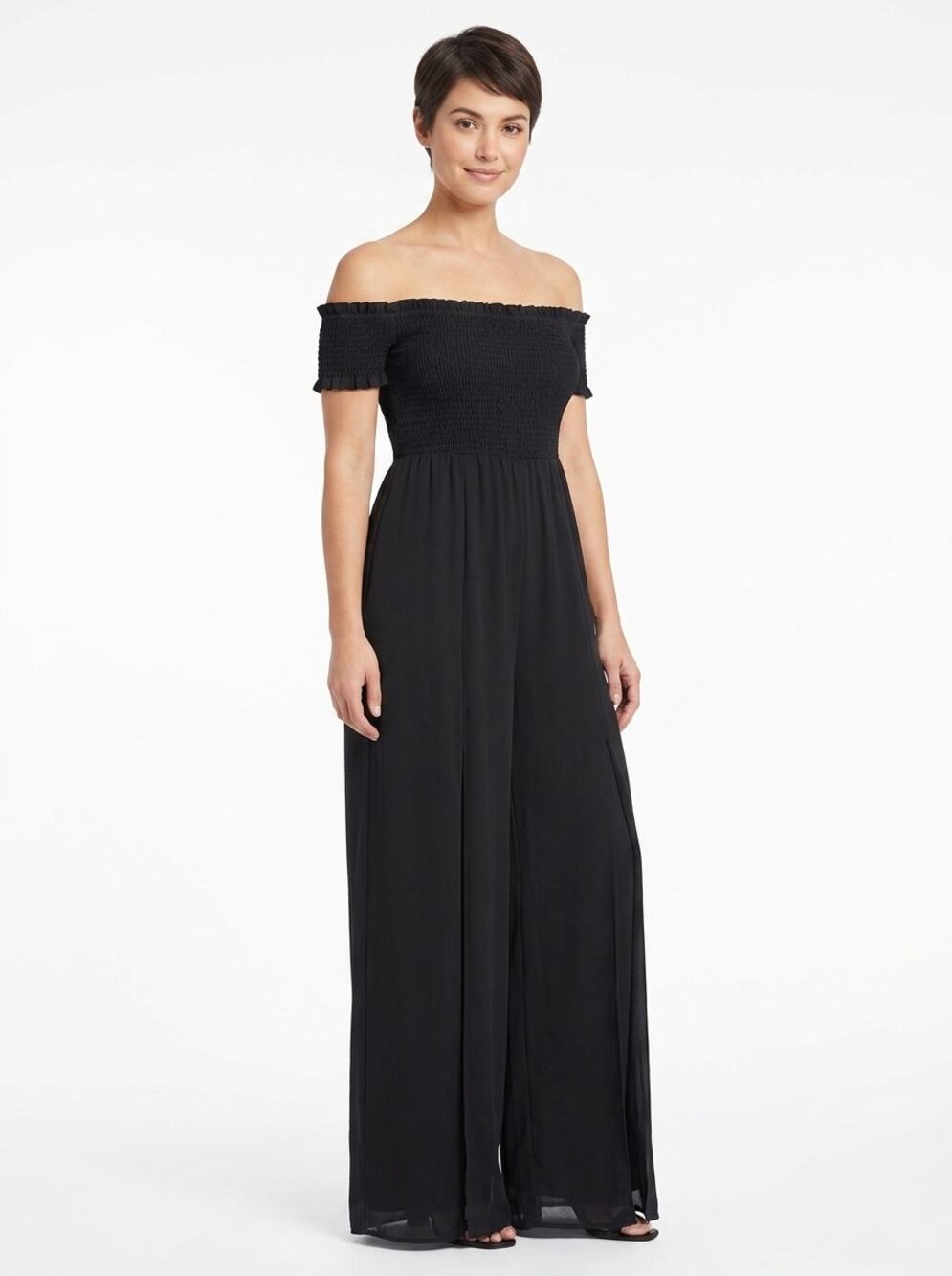 NWT bebe Black Ruffle Pleated Smocked Stretch Jumpsuit Women Size 12